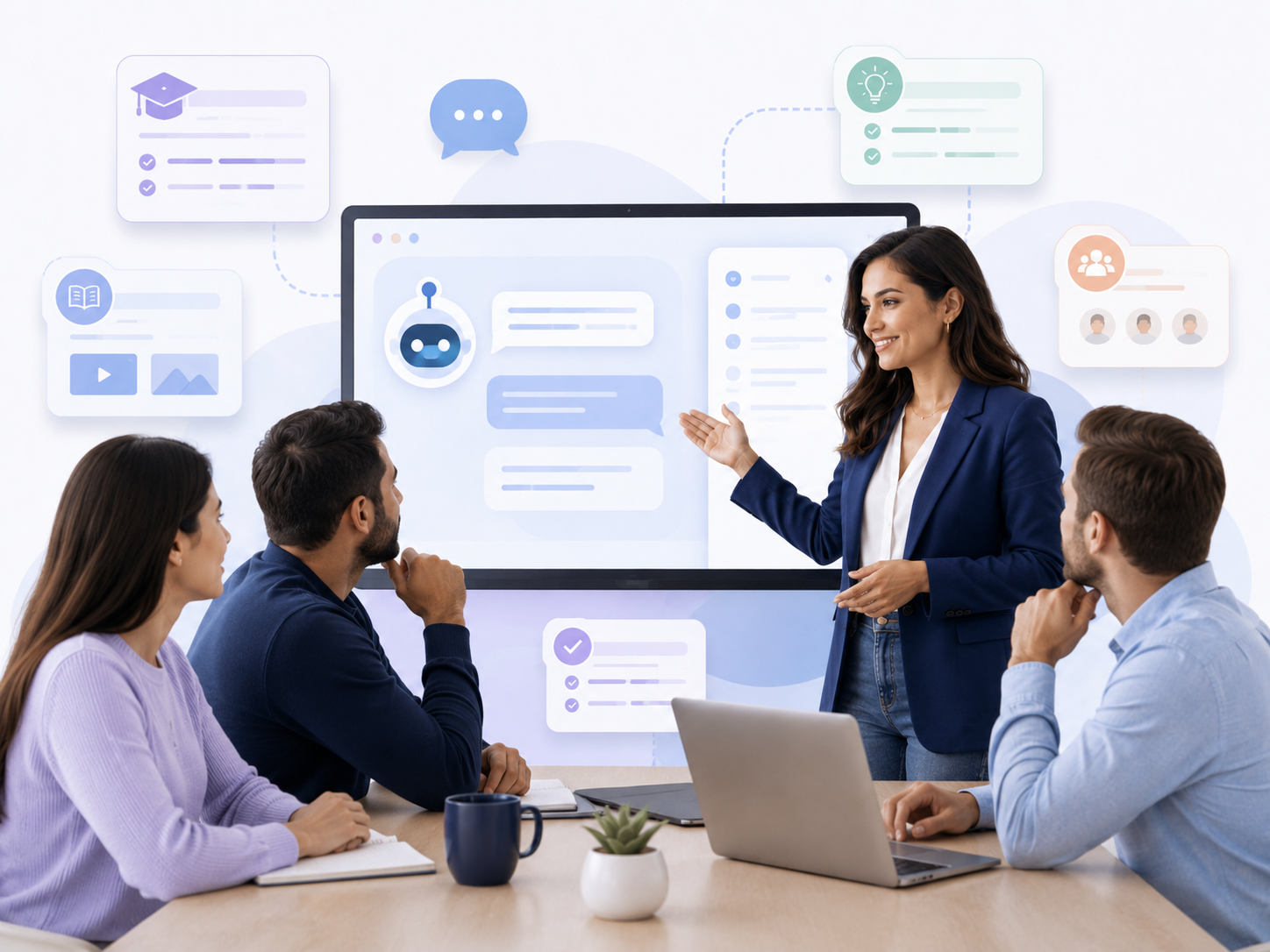 Business professional using customized AI tools for content, proposals, knowledge, and research